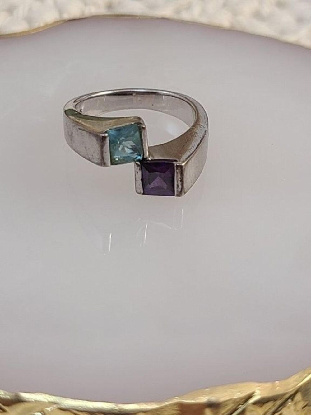 Sterling Silver Bypass Ring Purple Blue Stones Size 5.75 Modern 925 Band
